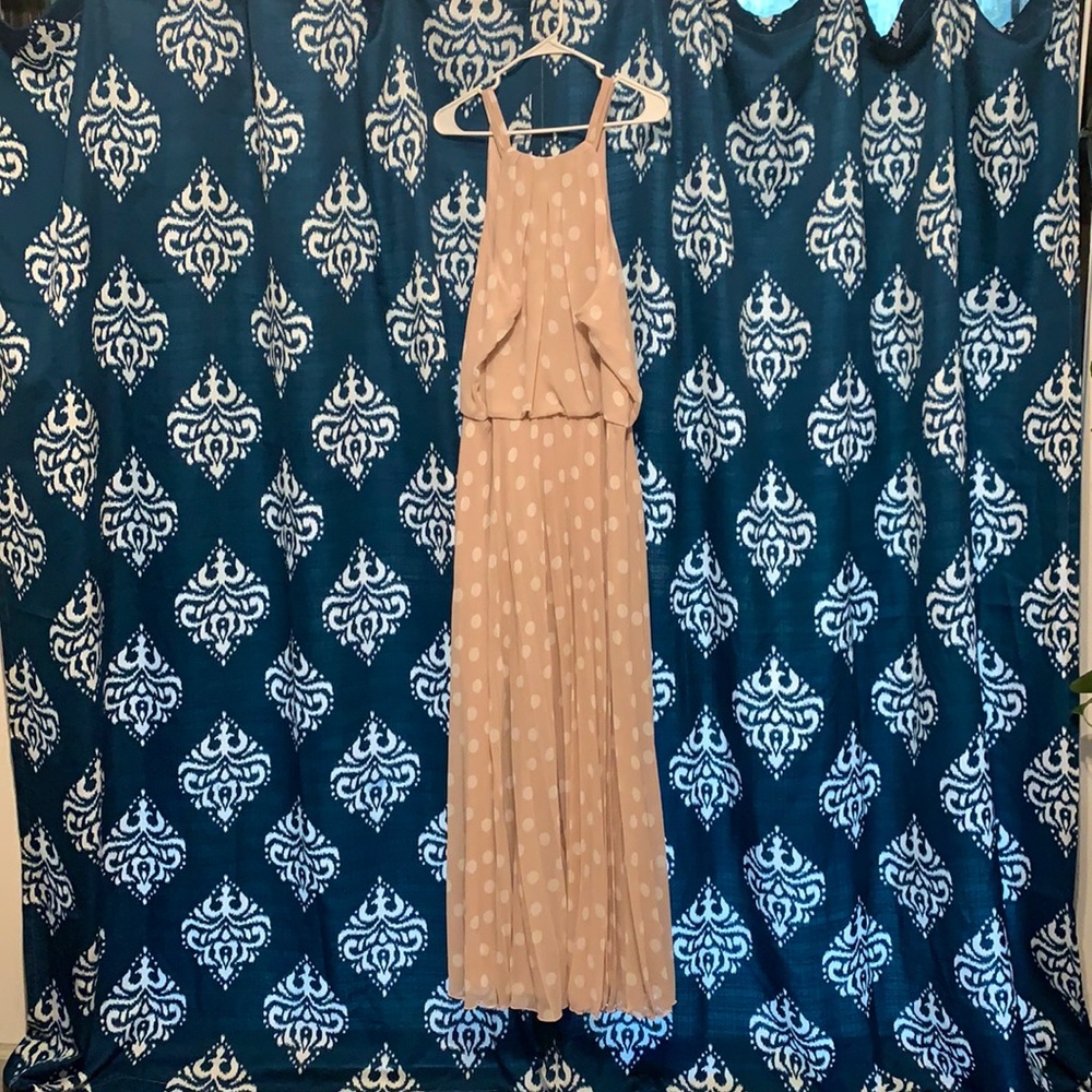 Maxi, mauve with white polka dot maxi dress.